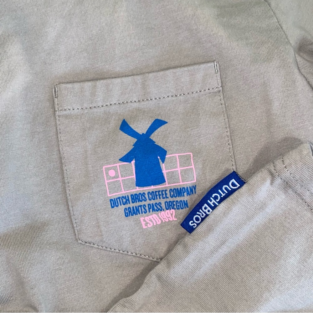 Gray Dutch Bros Long Sleeve T-Shirt with Blue Logo and Blue+Pink Designs